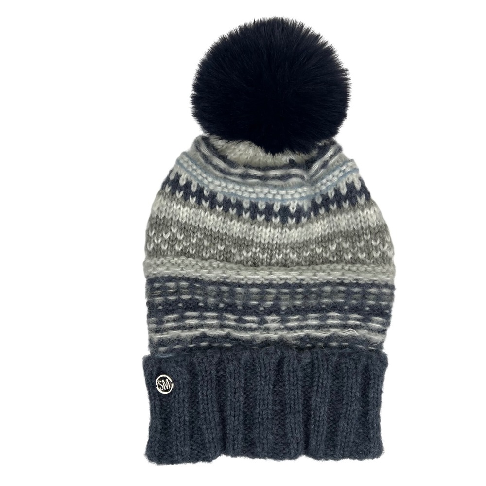 Steve Madden Womens‎ Fair Isle Knit Beanie Navy Grey Faux Fur Pom Pom One Size